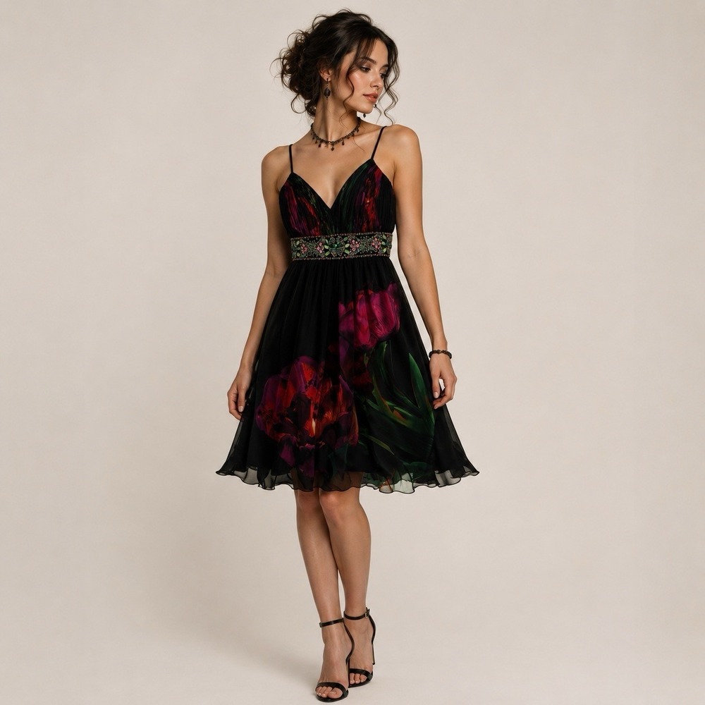 Sue Wong Chiffon Dress 6 Black Pink Beaded Halter Fairy Whimsigoth HOCO Sorority